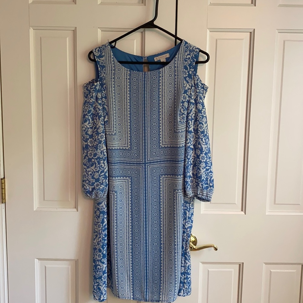 Dress Barn Off the shoulder blue & white dress